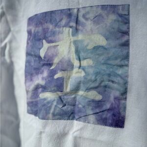 Crisp White 100% Cotton Linen Tunic with Blue and Purple Tie Dye Patch and Trim